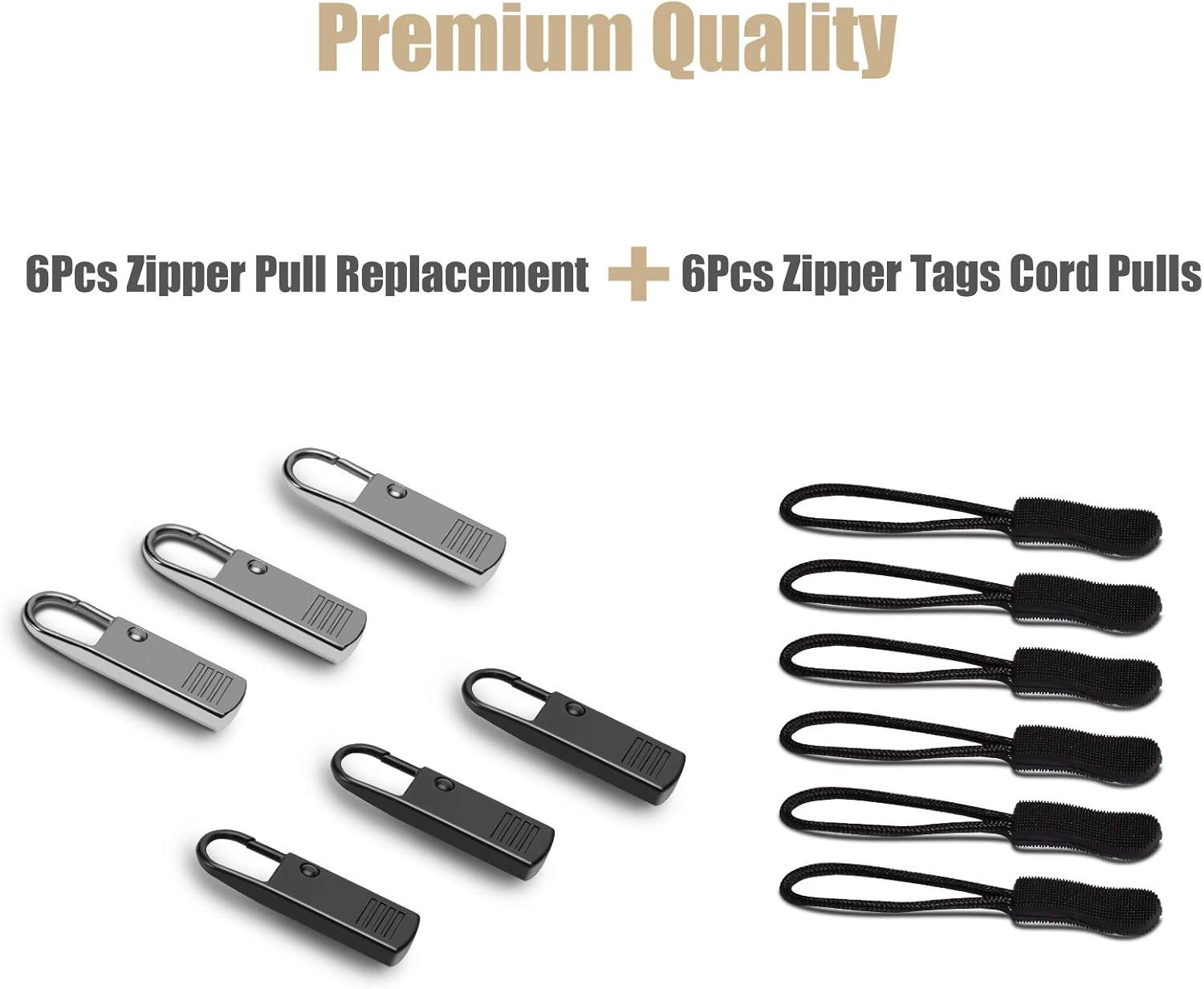 Premium Zipper Pull Replacement, 6Pcs Luggage Zipper Pulls Extender, Strong Metal Zippers Handle Mend Fixer, Zipper Tags Cord Pulls for Suitcases Backpack Jacket Coat Boots