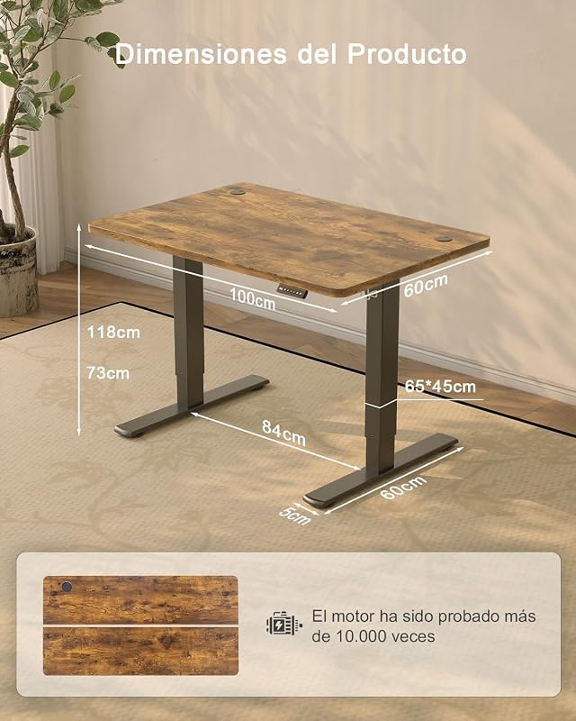 Escritorio Elevable Eléctrico con Cargador USB, Escritorio Regulable en Altura Ergonomica Escritorio de pie Ajustable Smart Panel con Funciones de Memoria, Standing Desk 100 x 60 cm, Marron — foto 3 de 8