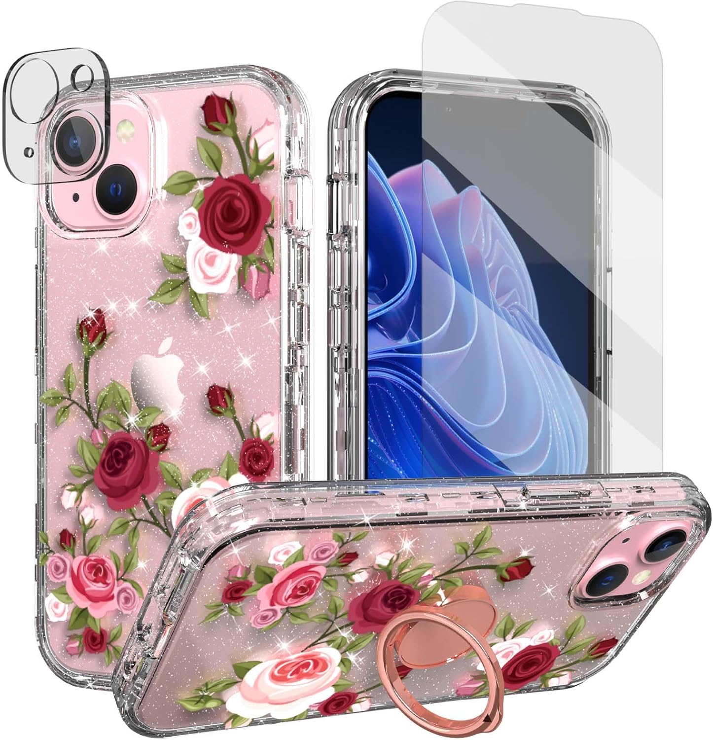 Paintings - ACKETBOX for iPhone 15 Case with Screen Protector & Camera Lens Protector + Ring Bracket，Sparkly Bling Design for Women and Girls Full Body Protective Phone Case for iPhone 15 (Flower-02)