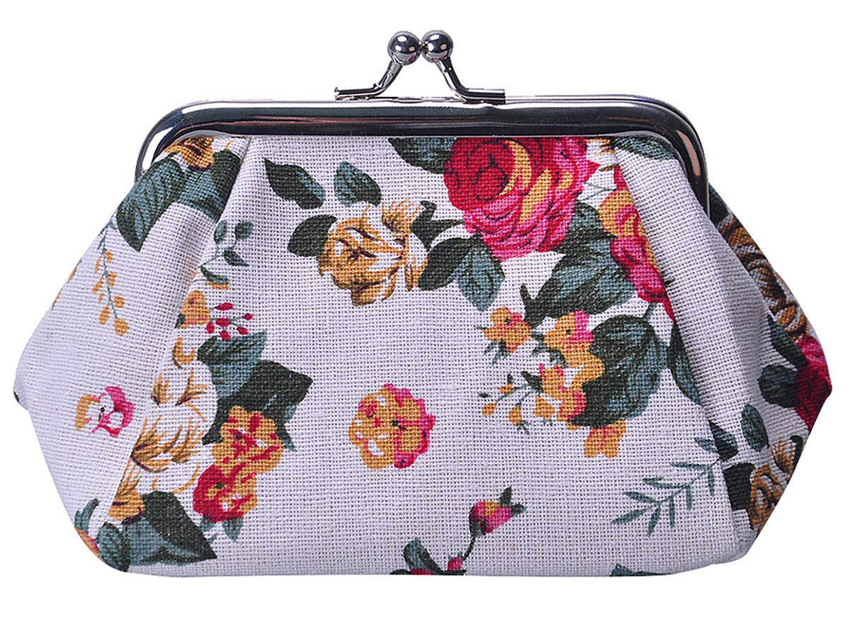 iSuperb Mini Coin Purse Canvas Kiss Lock Coin Wallet Pouch Small Change Bag for Women Girls Kids 13 x 9 x 9.5cm (White)