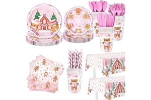 AIBIIN 194 Pcs Christmas Party Supplies Decorations Pink Gingerbread Party Decorations Gingerbread House Cookie Christmas Disposable Tableware Set with Plates Napkins and Tablecloth Serves 24 Guests