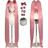 CICIBOLAYEZ 47inches/120cm Pink Wig with Ponytails Long Straight Wigs with Bangs Pink Synthetic Hair for Halloween Costume Party Cosplay Wig with 2 Bowknot Accessories