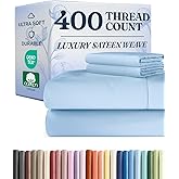 CGK Unlimited 400 Thread Count Cotton Bed Sheet Set - 100% Cotton Sheets - Sateen Cotton - Fits 8" to 16" Mattress - Silky-Soft, Hotel Quality Bedding Linens, Queen, Light Blue