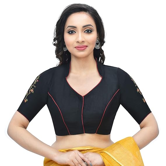 Women Cotton Tussar embroidered Stitched Blouse (Black) - D-1005414