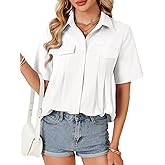 LYAENR Women's Loose Collar V Neck Pleated Button Down Short Sleeve Work Blouse Shirt Top