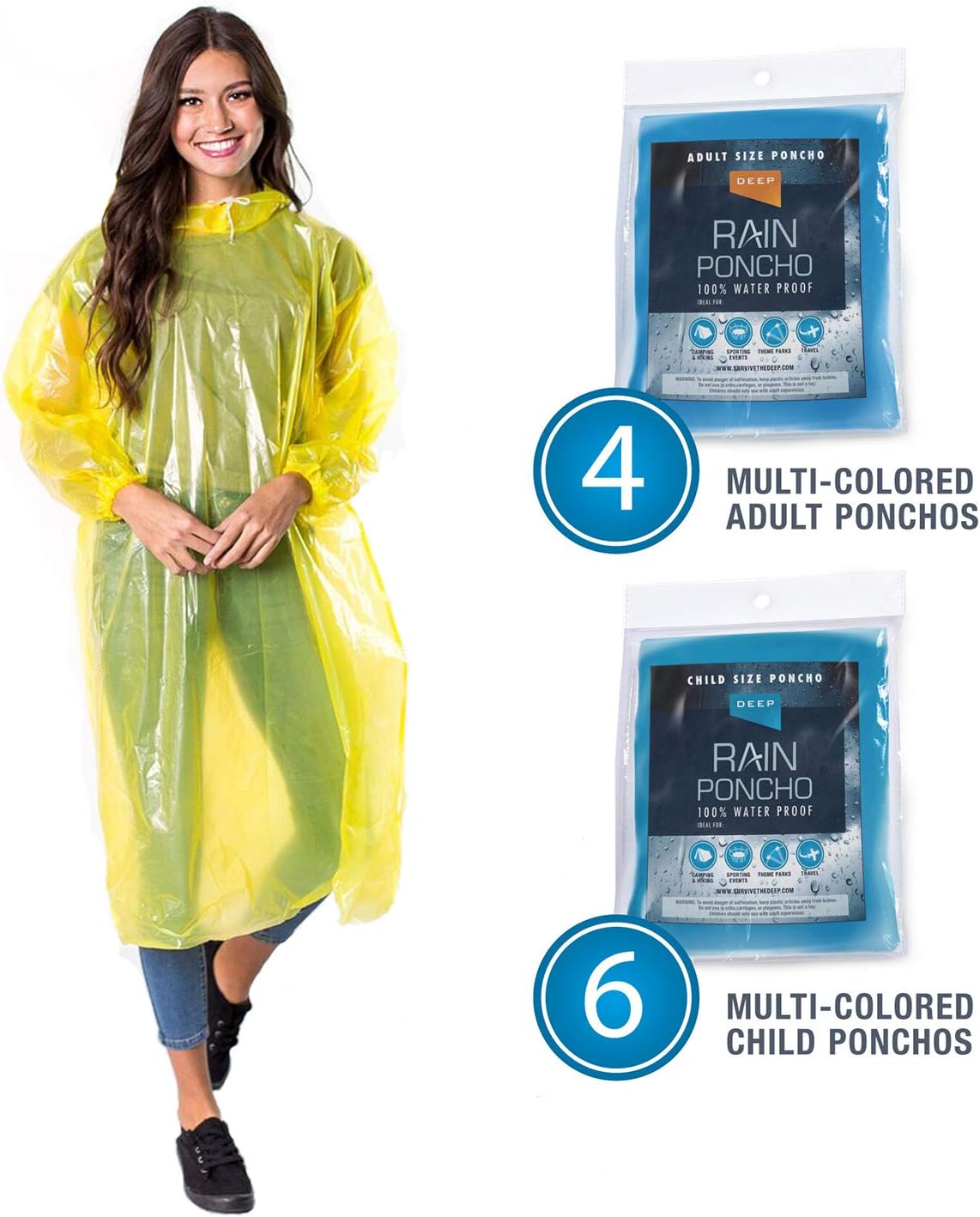 Deep Premium Disposable Emergency Rain Ponchos | Family 10 Pack (Adults/Kids) | 2X Stronger | Portable | Waterproof with Sleeves & Hood | Assorted Colors: Sports & Outdoors