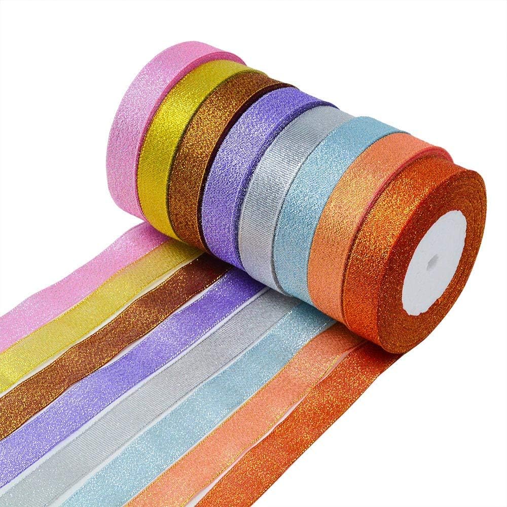 baotongle 8 Rolls 8 Colors 200 Yard Organza Ribbon Christmas Gift Ribbon Decorative Sheer Ribbon Trim Ribbon Glitter Metallic Gold Ribbonfor Crafts Gift Wrapping (Wide 0.78'')