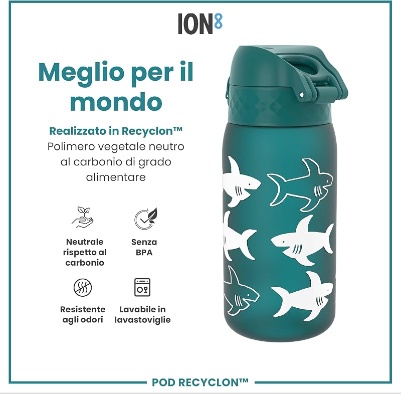 Borraccia per Bambini, 350 ml, a Prova di Perdite, Facile da Aprire, Serratura Sicura, Lavabile in Lavastoviglie, Senza BPA, Maniglia per il Trasporto, Facile Pulizia, Squali