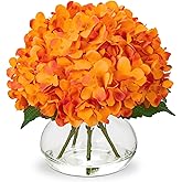 Hollyone Hydrangea Artificial Flowers in Vase Orange Silk Fake Flowers Arrangements with Glass Vase with Faux Water Faux Floral Bulk Bouquet for Office Table Centerpiece Shelf Home Decoration