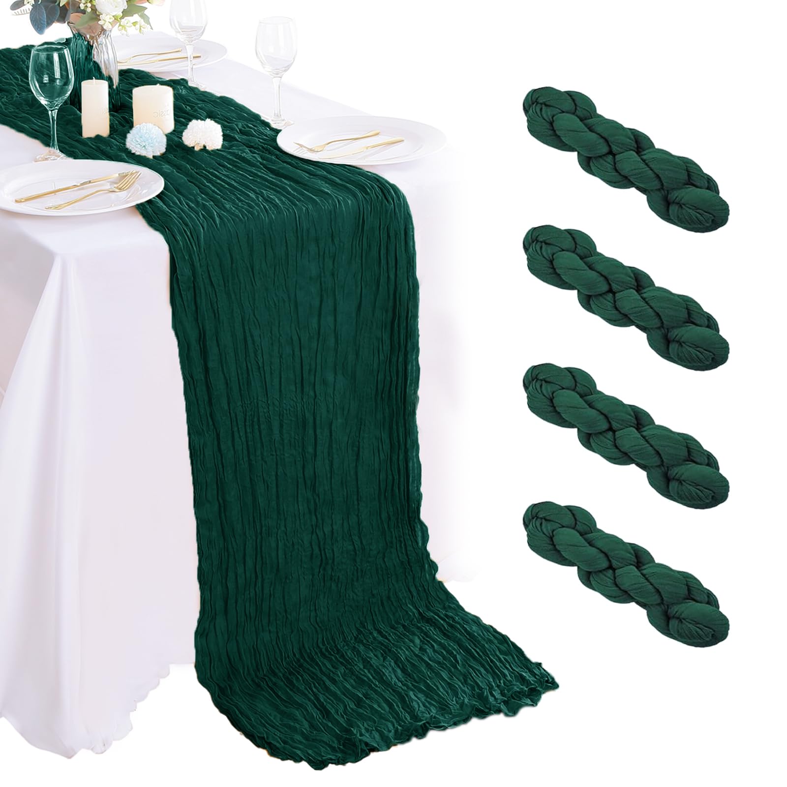 Photo 1 of 4 Pack Emerald Green Cheesecloth Table Runner 35x120Inch Boho Gauze Fabric Cheese Cloth Table Runner 10Ft Rustic Romantic Sheer Table Runners for Wedding Party Bridal Baby Shower Long Table Decoration