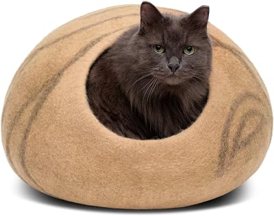 MEOWFIA Cat Cave Premium Felt Cat Bed Merino Wool Beige Large