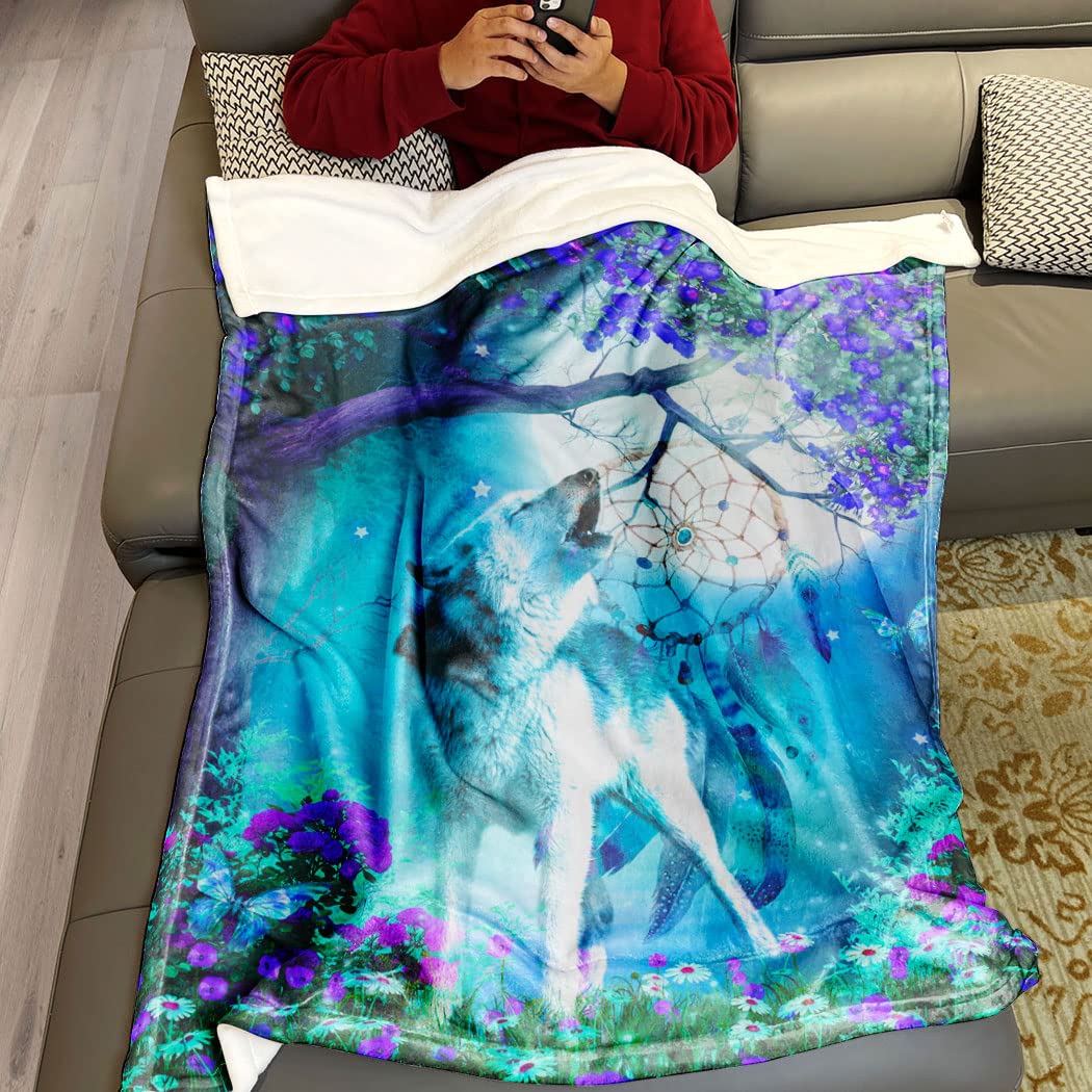 Thick Blanket Soft Warm Cosy Flannel Fleece Sofa Blanket Lid Blanket Psychedelic Night Wolf Hawl Before The Moon Purple Wildflowers Dream Catcher 150 x 200 cm
