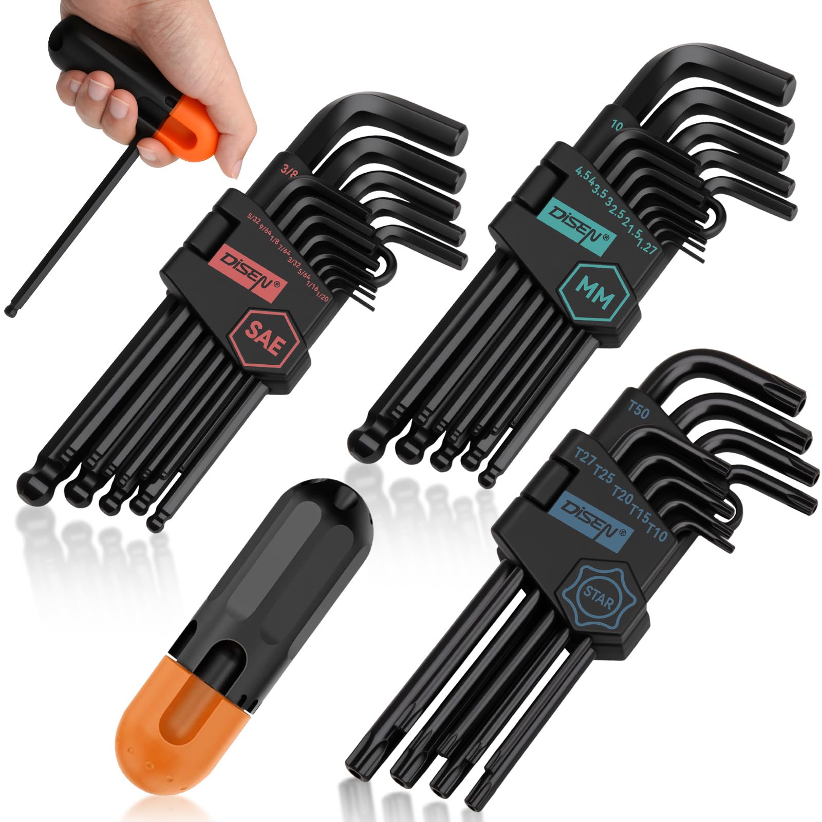 Photo 1 of DISEN 36PC Allen Wrench Set, SAE & Metric Hex Key Set Torx Star Key Set, Long Arm Ball Head Design with T-Handle, Heat Treated Chrome Vanadium Steel