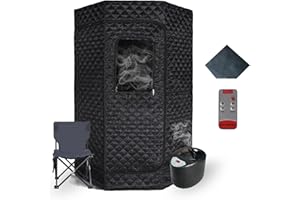 PEEKO Portable Sauna for Home, Full Size Personal Pentagon Sauna Tent with Black 3L Capacity 1200w Steamer, Black Foldable Chair with Side Pocket, Customized Pentagon Sweat Mat, Remote Controller
