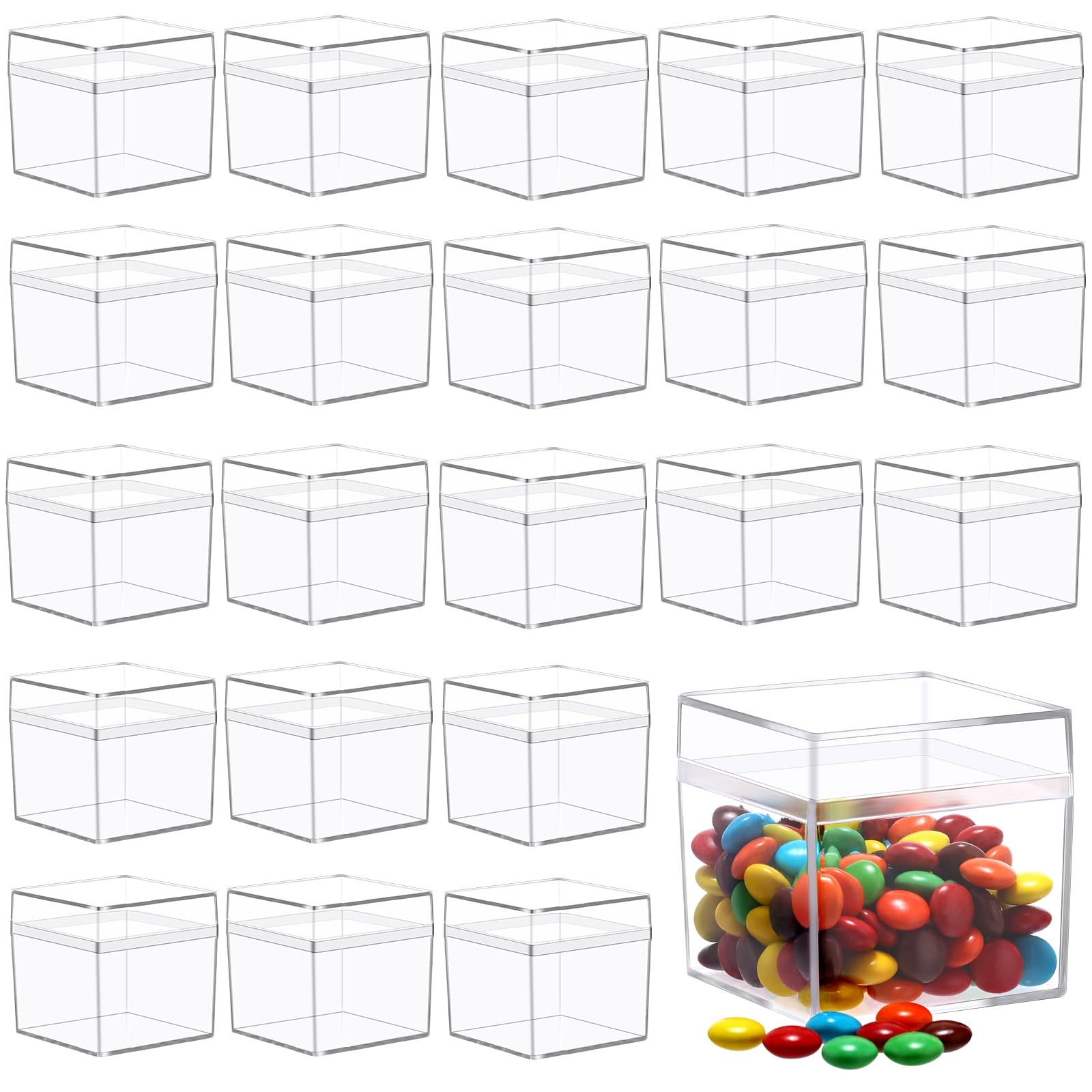 Photo 1 of Leinuosen 100 Pcs 2 x 2 x 2 Inch Clear Acrylic Plastic Box with Lid Square Candy Containers for Party Favors Small Square Cube Storage Candy Box for Pill Tiny Earring Jewelry Herb Bead Gifts