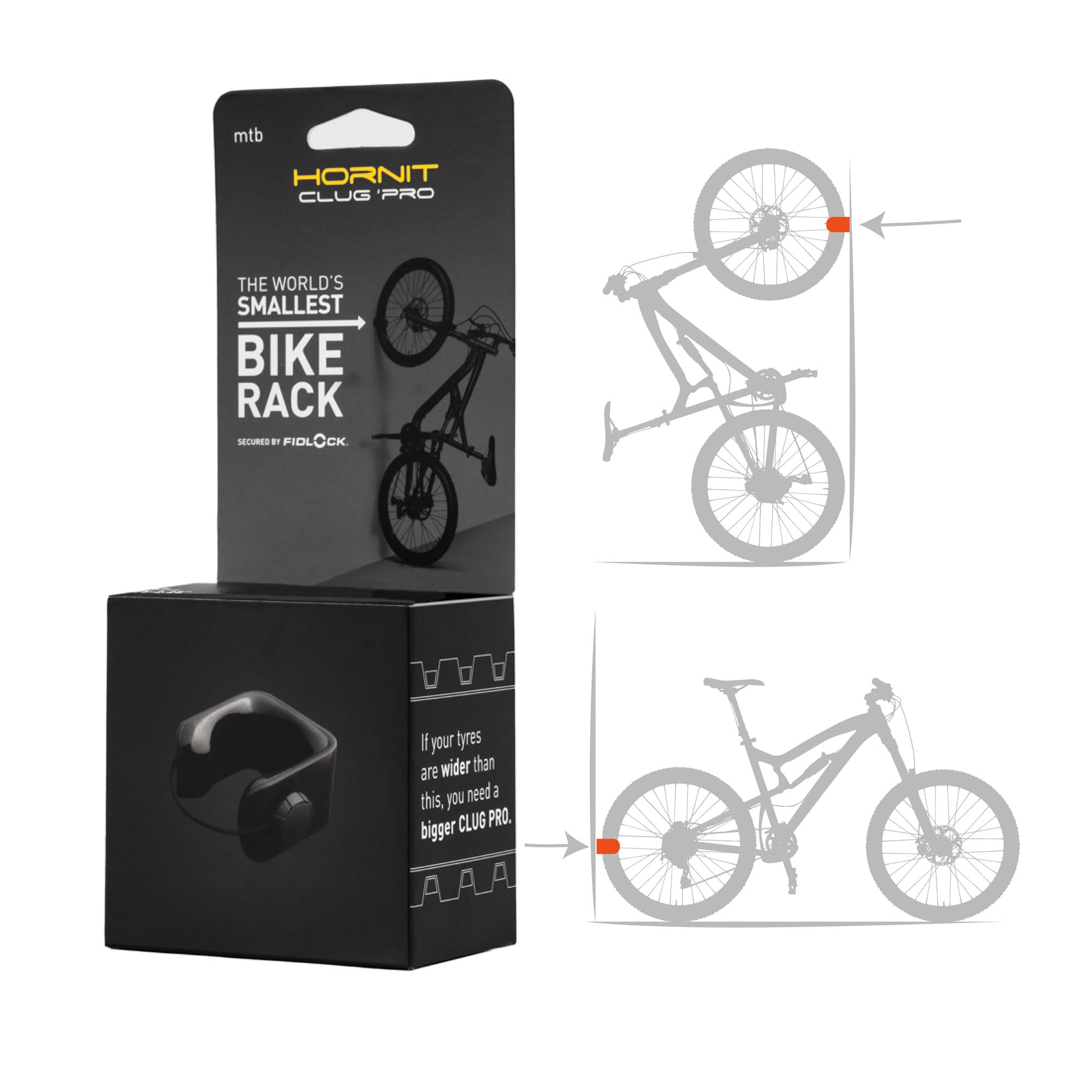 Hornit CLUG PRO | Wall Mounted Bike Rack | mtb | Secured by FIDLOCK Strap | Easy To Install, Graphite | Black