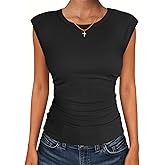 ANRABESS Womens Tops Cap Sleeve Crewneck Shirts Casual Ribbed Knit Slim Fit Ruched Summer Basic Tee Tank 2026 Trendy Clothes
