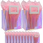 Caleihd 12PCS Holographic Clear Gift Bags with Tissue Paper, 7.9 * 7.1 * 3.9 inch with Handles,Treat Bags Goody Bags,for Christmas, Birthday Party, Weeding Gift Bags Party Supplies