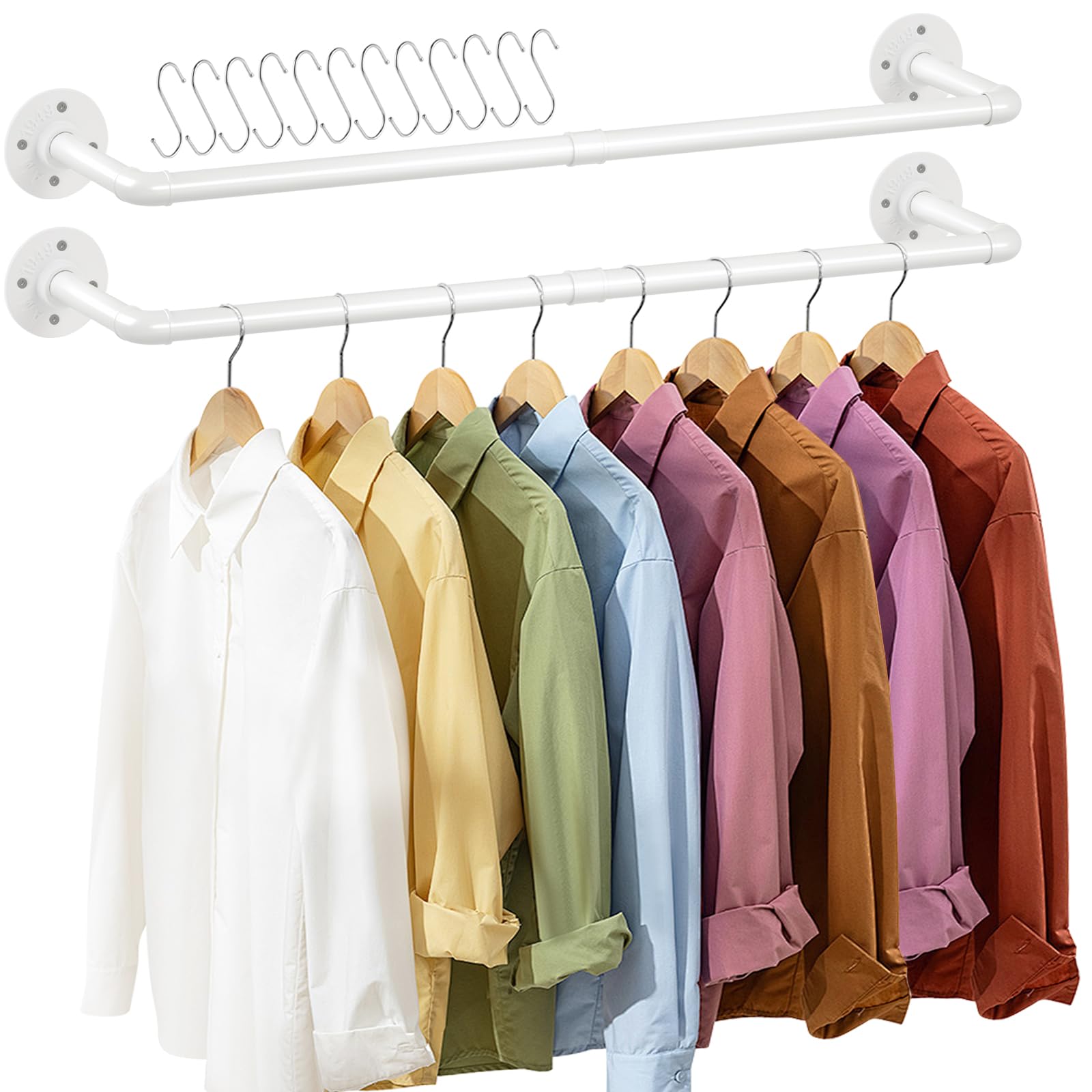 Photo 1 of ERYTLLY Industrial Pipe Wall Mounted Clothes Rack,36.2 Inches Heavy Duty Detachable Garment Rack,Multi-purpose Hanging Rod for Closet,Set of 2,White