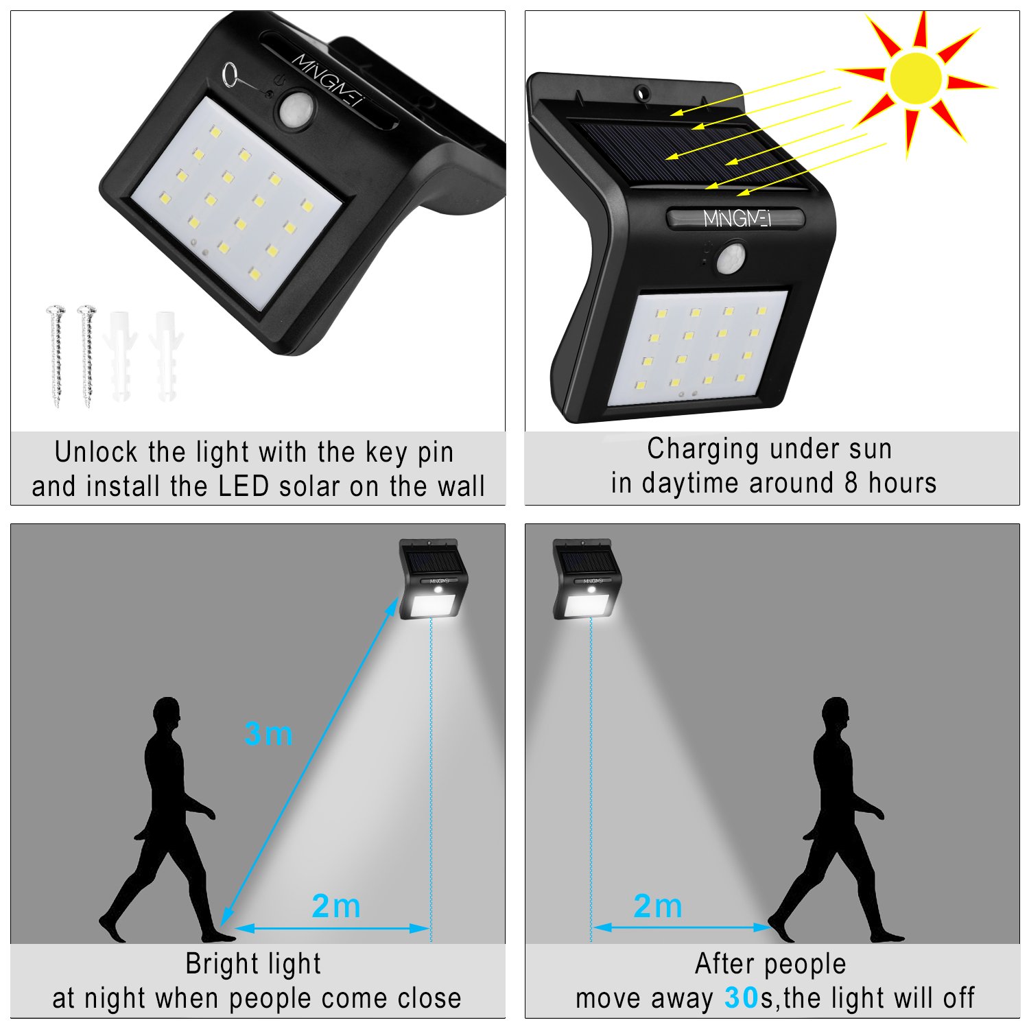 Solarleuchte mit Bewegungsmelder, Tegrace Solarleuchten Garten LED Lampe, 16 Helle LED Solarlampe Außenleuchten Sicherheit für Garten, Einfahrt (2 Stück)