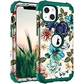 Hocase for iPhone 14 Case/iPhone 13 Case, Heavy Duty Shockproof Protection Soft Silicone Rubber+Hard Plastic Bumpers Hybrid Protective Case for iPhone 13/14 (6.1") - Teal Flowers