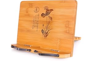 MEGREZ Bamboo Book Stand 11 x 8.0 inch, Foldable Cookbook Holder with 6 Adjustable Height, Reading Book Holder for Recipe, Music Book, Textbook, Tablet Stand, The Language of Lotus