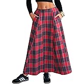 EXLURA Womens Flannel Plaid Long Skirts High Waist A Line Flared Pleated Maxi Skirt Dress Casual Vintage Office with Pockets