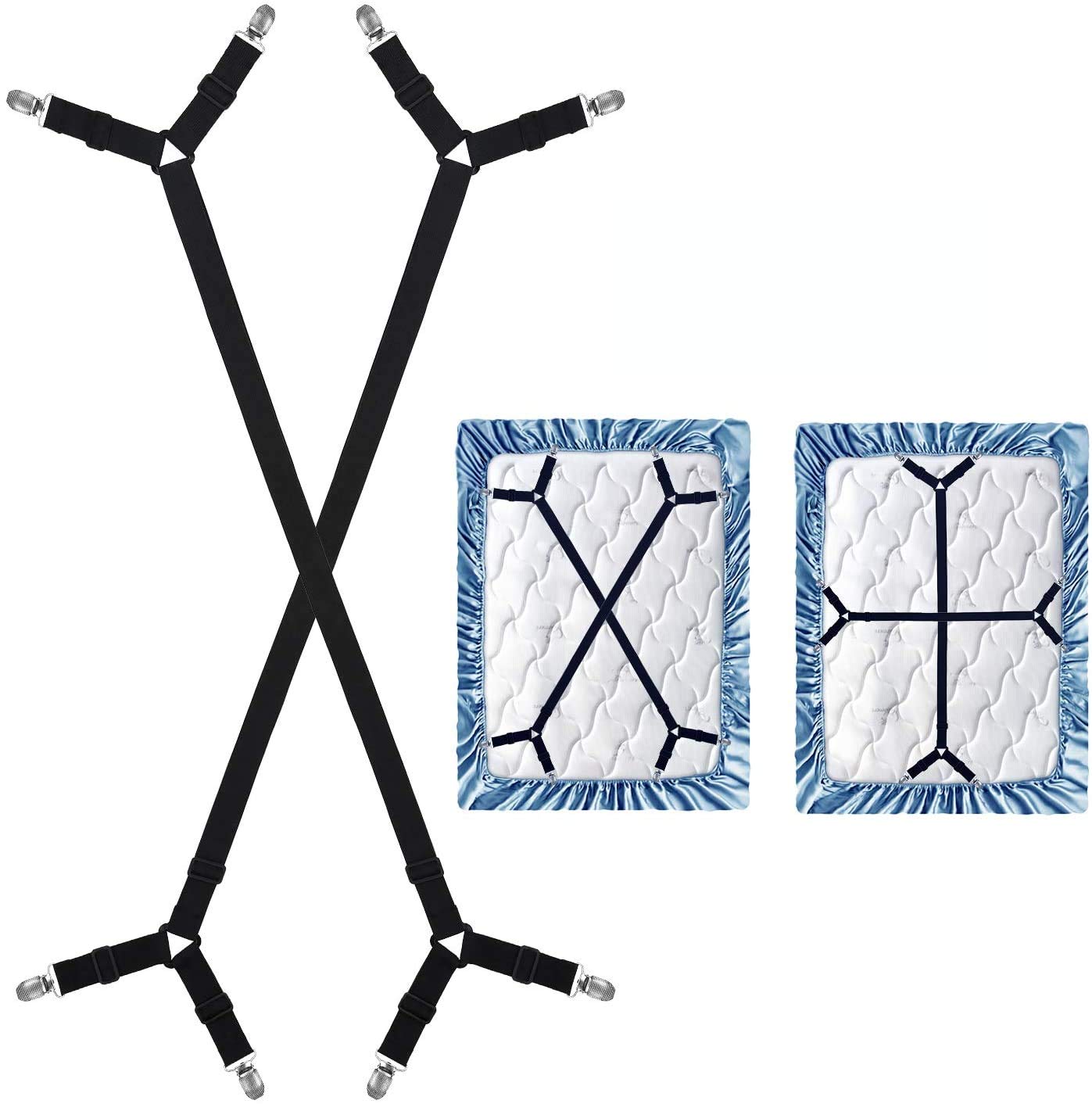WADEO Adjustable Cross Bed Sheet Holders - Fasteners Grippers Clips Suspenders Straps, Suitable for All Square Mattresses Black