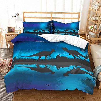 Apjjq 3d Digital Printed Tyrannosaurus Rex Dinosaur Bedding Set For Teen Boys Dinosaurs In Woodland Blue Black Duvet Cover Set 3pcs 1 Duvet Cover 2