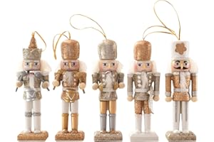OXWIND Christmas Nutcracker Ornaments Set, Wooden Christmas Nutcracker Soldier Figures Decorative Collectible Nutcracker 5 Inch Mini Nutcracker Figurines Christmas Tree Hanging Decorations, 5pcs Bling Gold