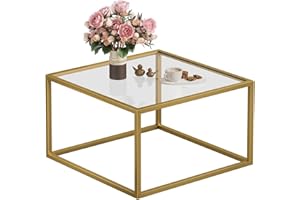 SAYGOER Glass Coffee Table Modern Coffee Tables for Living Room Square Minimalist Center Tables for Home Office 26.7 x 26.7 x 17.7, Gold