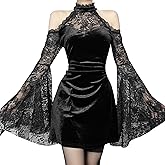 FEOYA Women Gothic Lace Dress Vintage Goth Halter Dress Flare Sleeve Vampire Withy Dresses