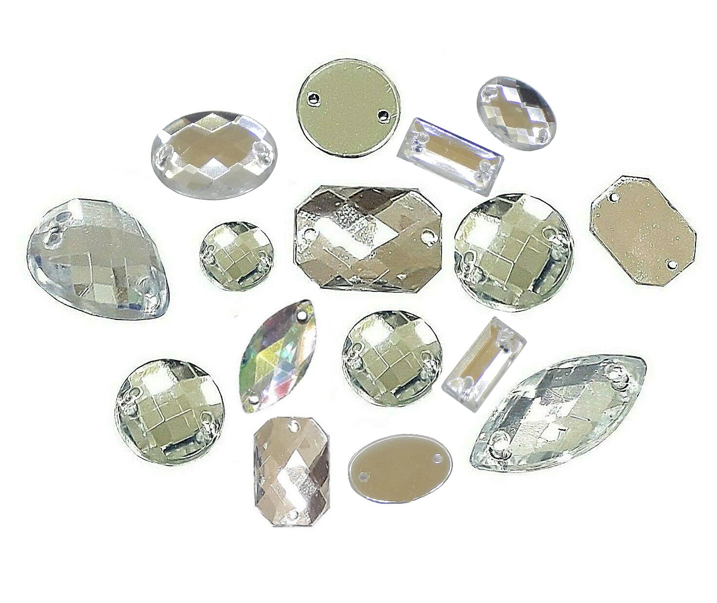 Perlin 100 Pieces Sew On Rhinestone Gems for Sewing 2 Holes Sewing Buttons Crystal Acrylic Stones Crystal and AB Flat Back Faceted Mixed Shapes Set