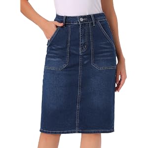 Allegra K Women's Denim Skirt Stretch Classic Jean Pencil Skirts | High Waisted, Back Slit, Pockets, Knee Length, H-Line, Cas