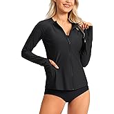 SANTINY Women's Rash Guard UPF50+ SPF UV Protection Long Sleeve Swimsuit Top with Pockets Zip Front Swim Shirts Woman