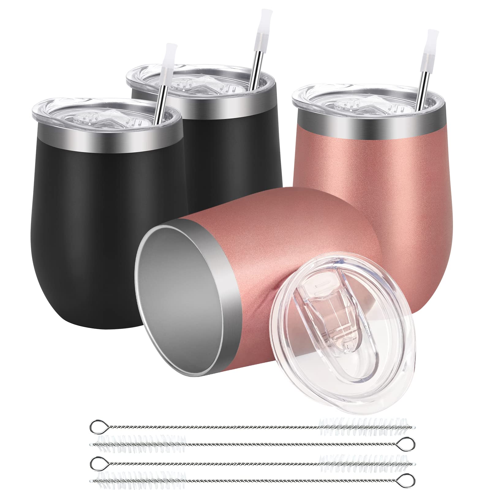 Joymaking Reusable Coffee Cup, Double Walled -Insulated Travel Mug Vacuum Stainless Steel Wine Tumbler with Spill Proof Lid, Great for Hot Cold Drinks Coffee Wine, 4 Piece Set 12 Oz Black Rose Gold