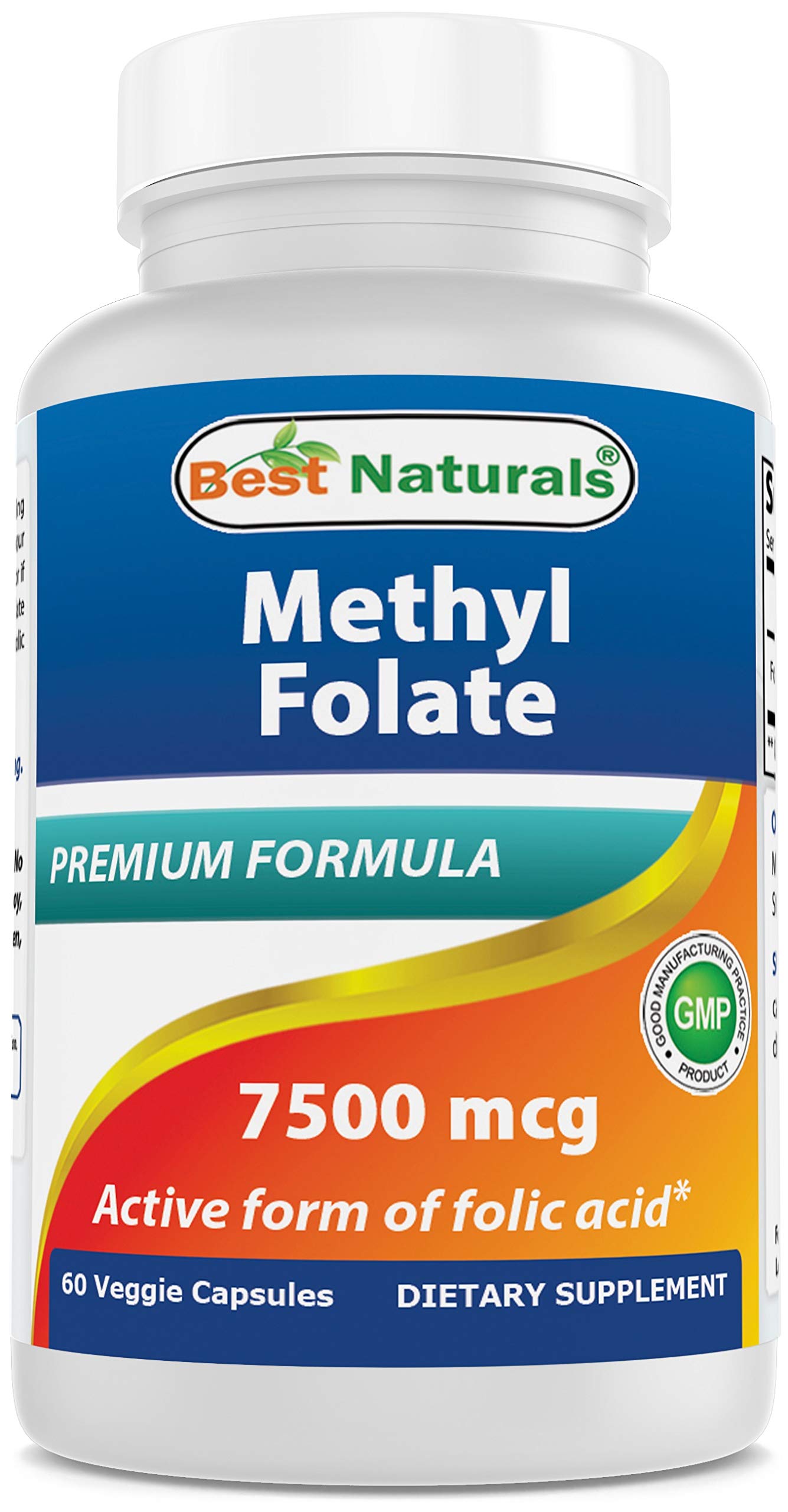Best Naturals Methyl Folate 7500 mcg (7.5mg) (Most Bio-AVAILABLE) Veggie Capsule - Supports Cell Formation Growth Function, Brain, Memory, Cardiovascular Health, 60 Count