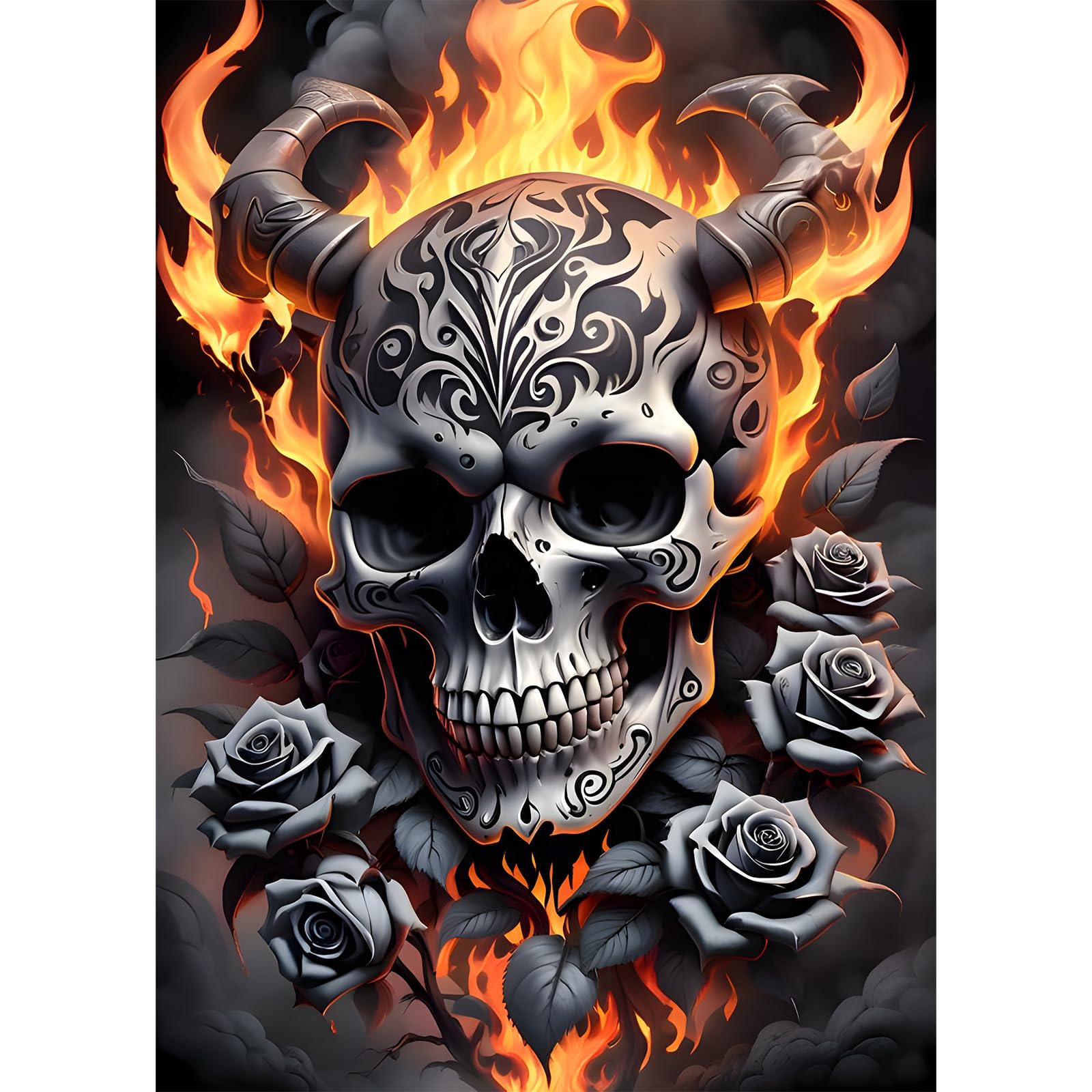 EOBROMD Skull Diamond Painting, 5D Flowers Diamond Painting Kits for Adults, Full Round Drill Diamond Kits, Flame Diamond Painting Crystal Rhinestone Craft for Halloween Decor 30x40cm