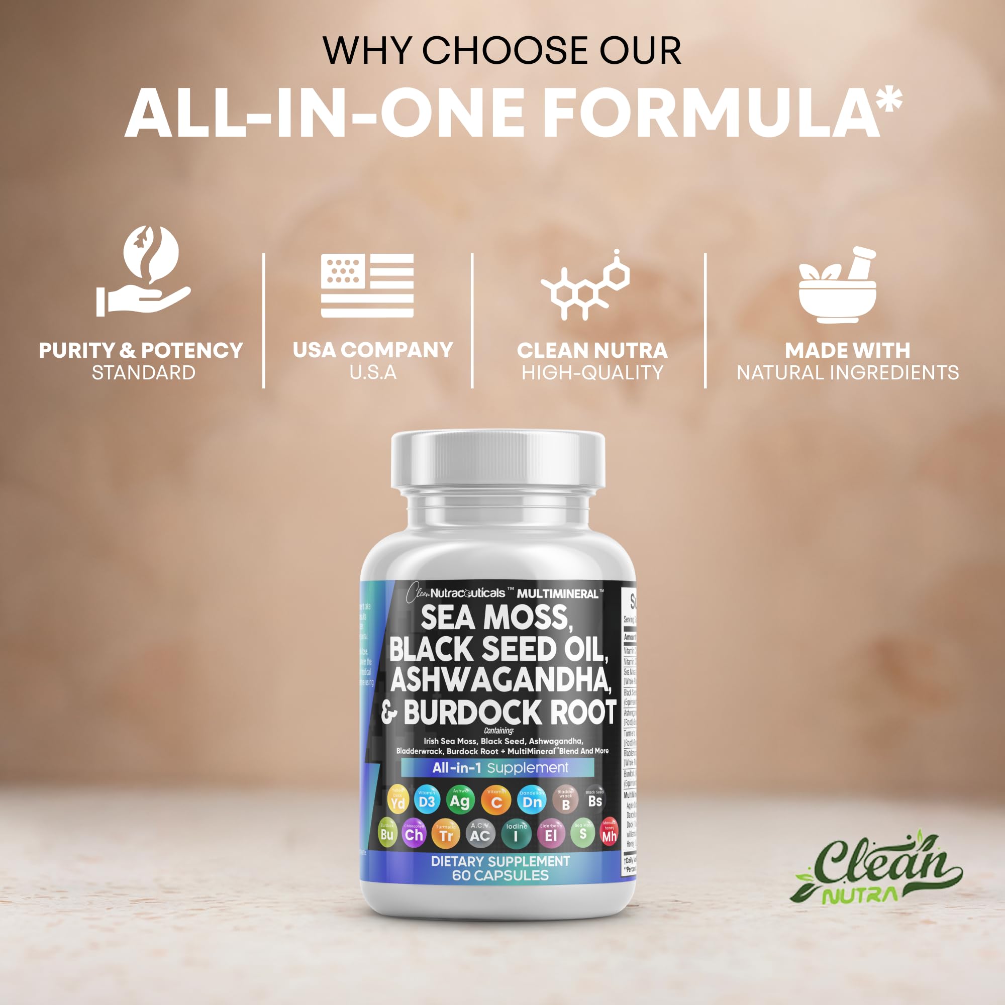 Clean Nutraceuticals Sea Moss Black Seed Oil Ashwagandha Turmeric Bladderwrack Burdock & Vitamin C Vitamin D3 with Elderberry Manuka Dandelion Yellow Dock Iodine Chlorophyll ACV