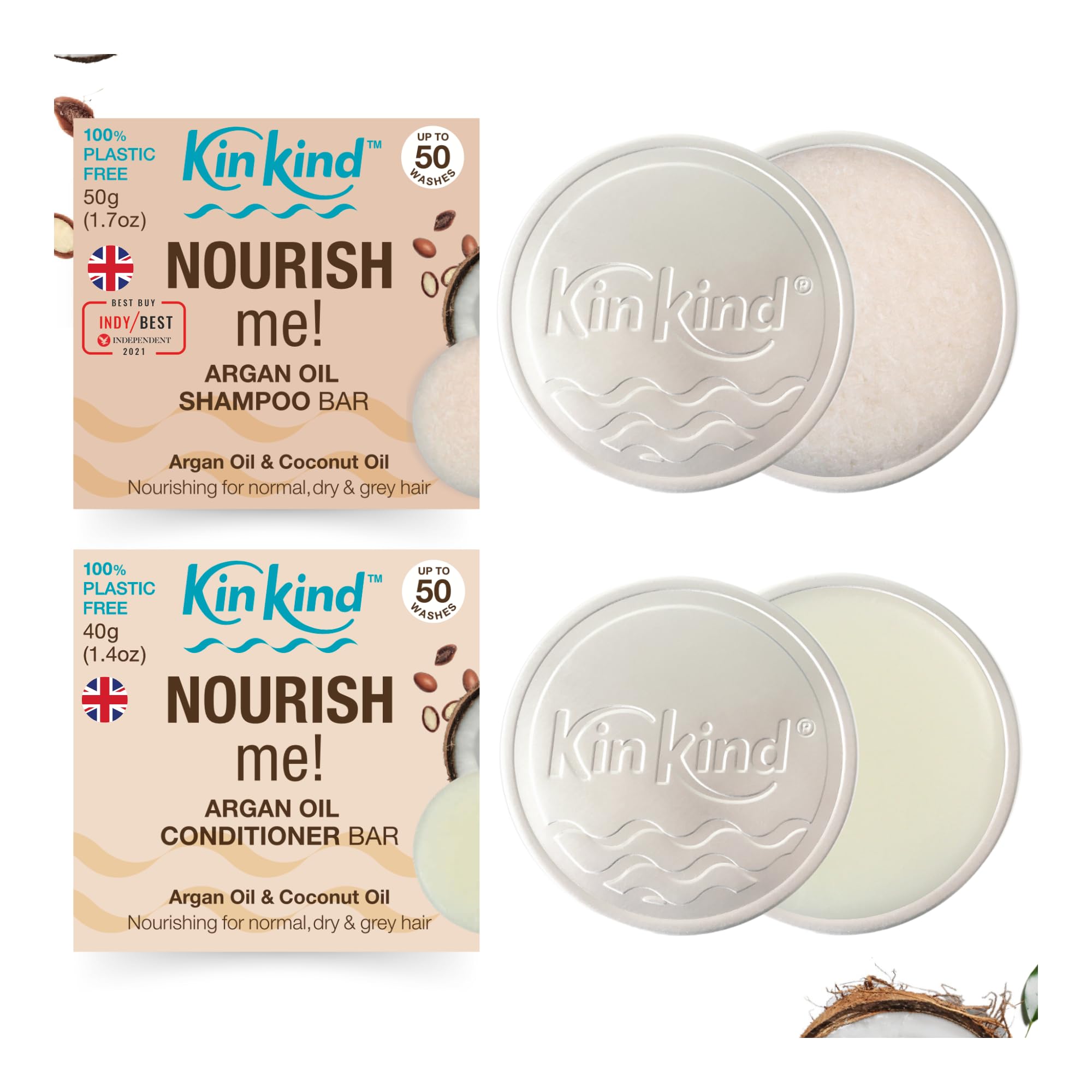 KinKind NOURISH me! Travel Shampoo and Conditioner Bar Set. Up to 50 washes. Argan Oil & Coconut Oil Shampoo Bar and Conditioner & Soap Tin for each bar. UK made, No leakage, less space, less weight — image 1