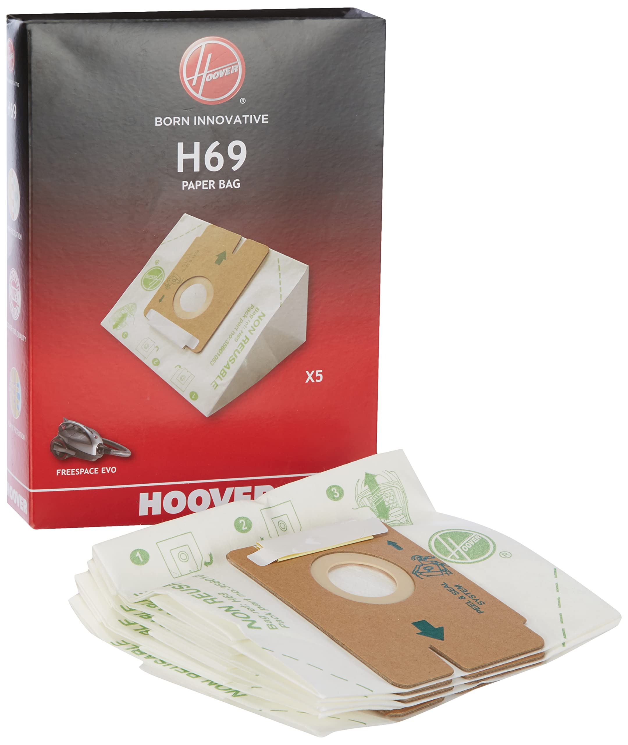 Hoover H69 Vacuum Cleaner Bags, Original, in Paper, Anti Odor, Extra Filtering, Compatible With Hoover Vacuum Cleaner Freespace Evo, 5 Bags