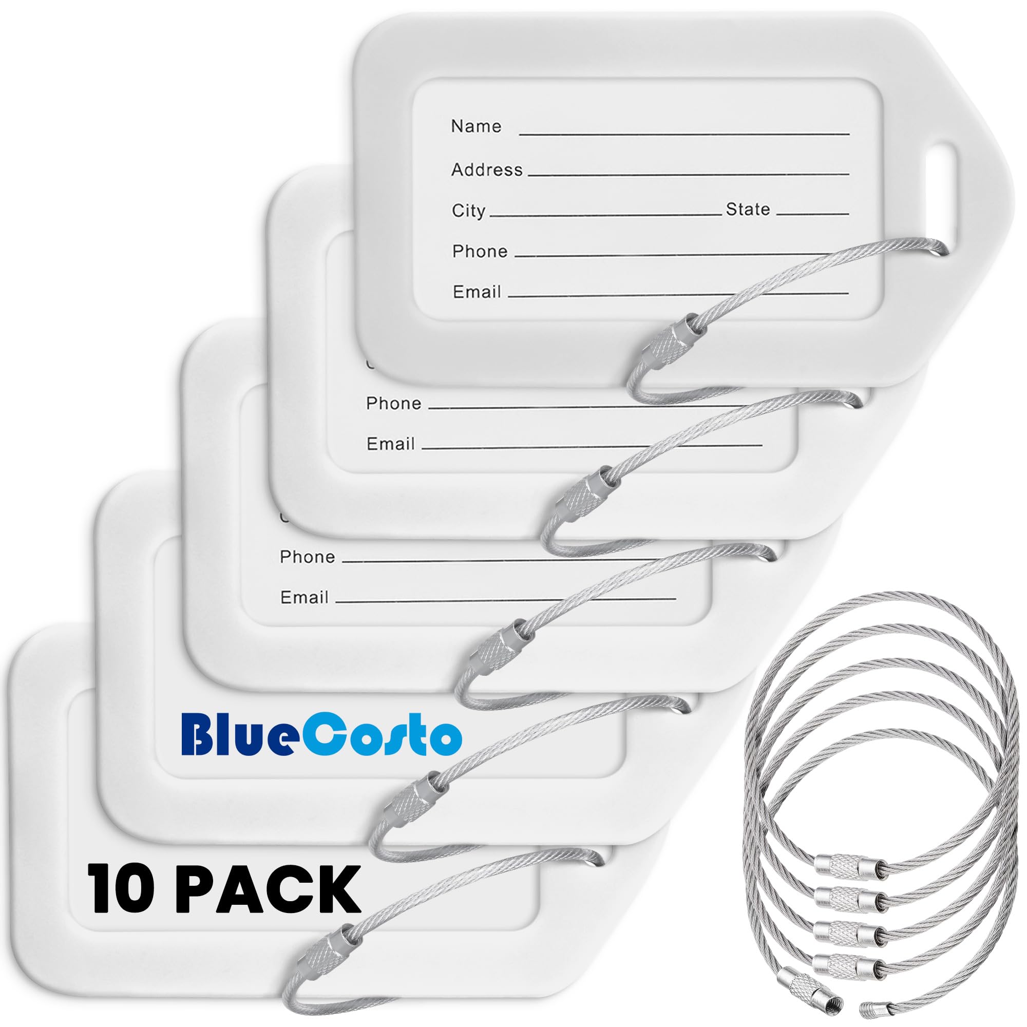 BlueCosto Luggage Tags (Small, White, 10 PK) - Suitcase Tags w/Name ID Card & Heavy-Duty Metal Wire Loops - Bright Coloured PVC Tags for Travel Baggage - Backpack Name Labels