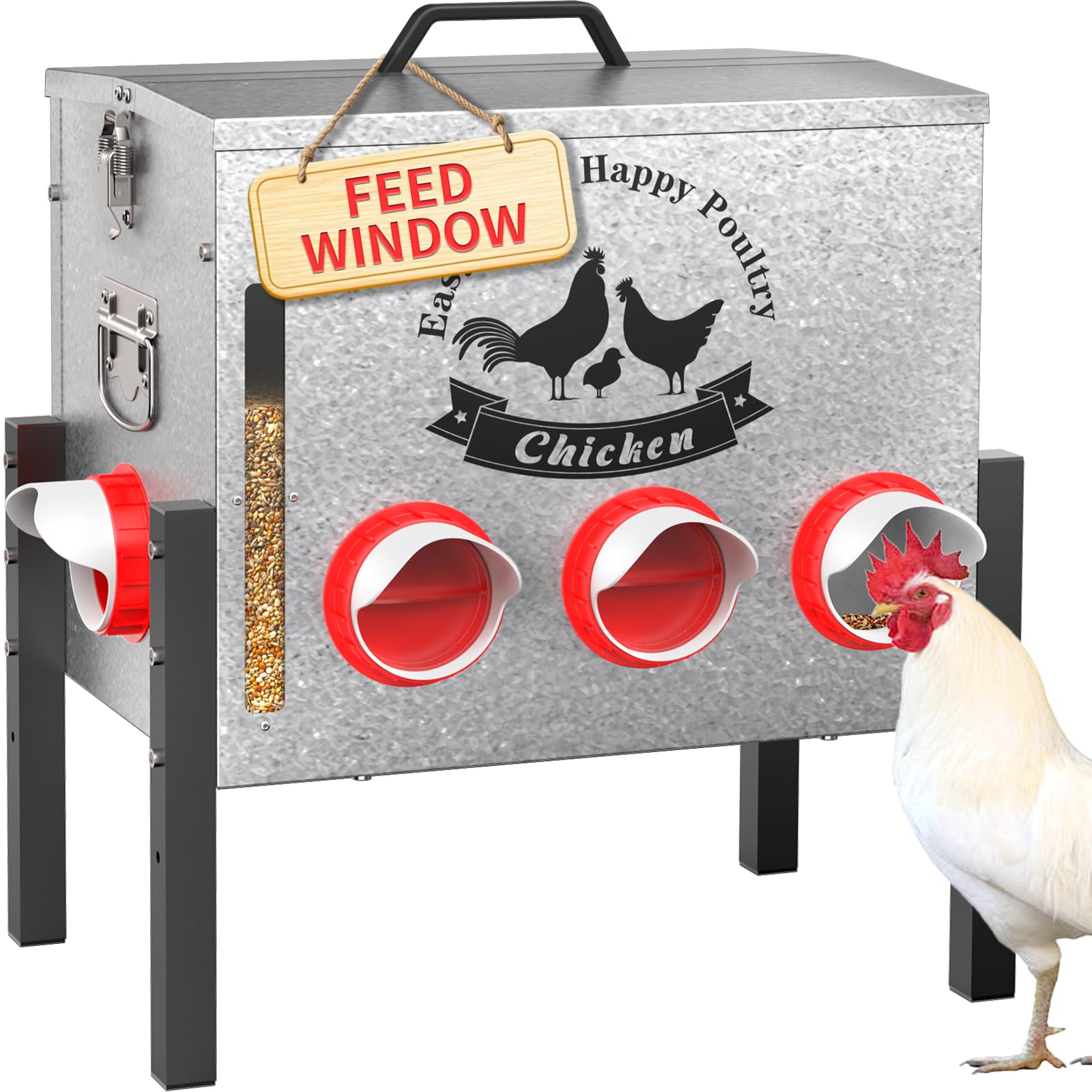 Photo 1 of 10gal 55LB Large Automatic Chicken Feeder with Window - 8 Port No Waste Design, Rust-Proof Alloy Steel with Locking Lid & Adjustable Legs, Waterproof Silo for Hens, Ducks, Geese, Poultry