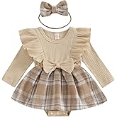 ZAXARRA Newborn Toddler Baby Girl Outfits Ruffle One Piece Romper Holiday Plaid Dress Fall Winter Headband Clothing Sets