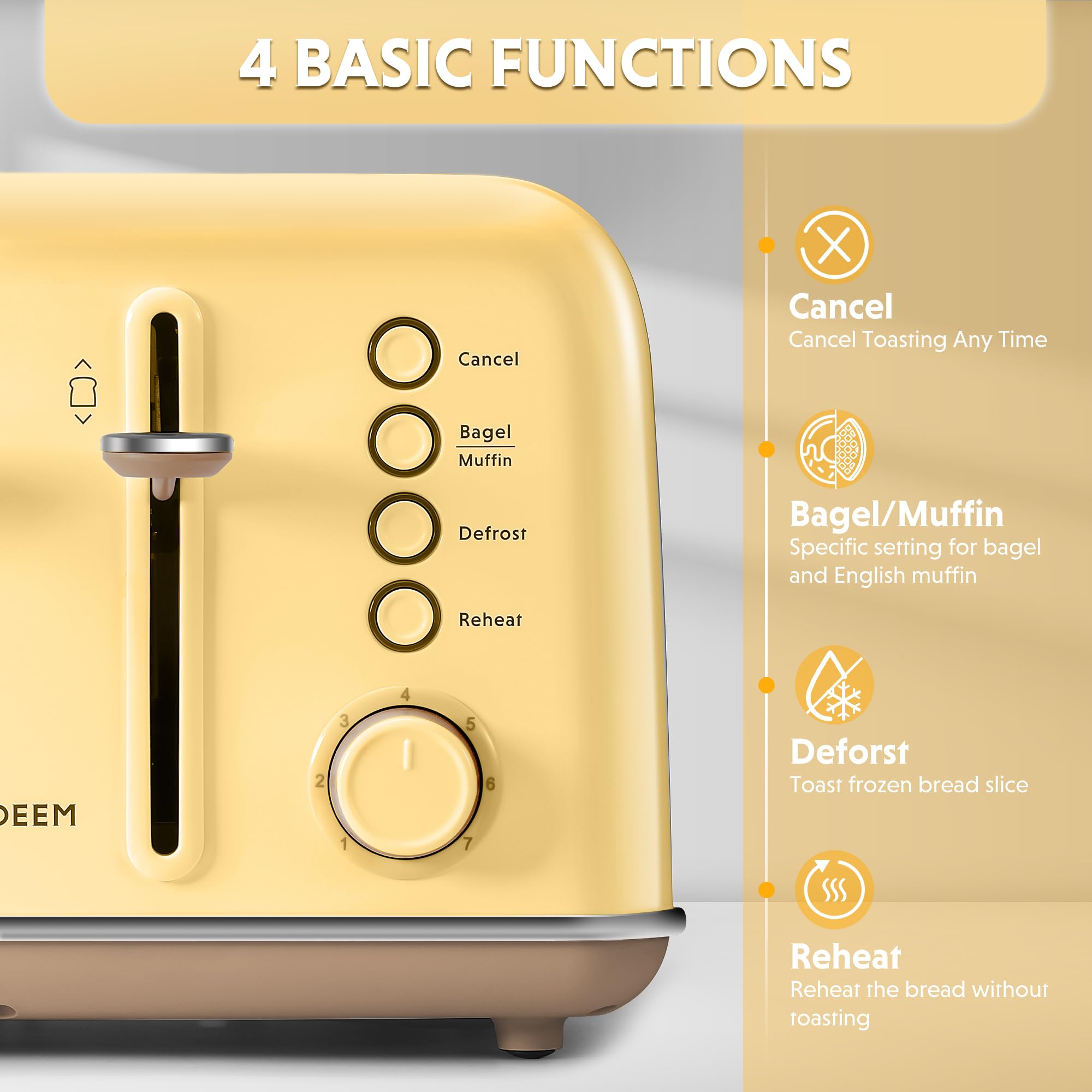 BUYDEEM DT640 Tostadora retro de 4 rebanadas, 7 configuraciones de sombra, ranuras extra anchas de 1.5 pulgadas, tostadora de acero inoxidable con función de recalentamiento de descongelación de panecillos y muffins, amarillo