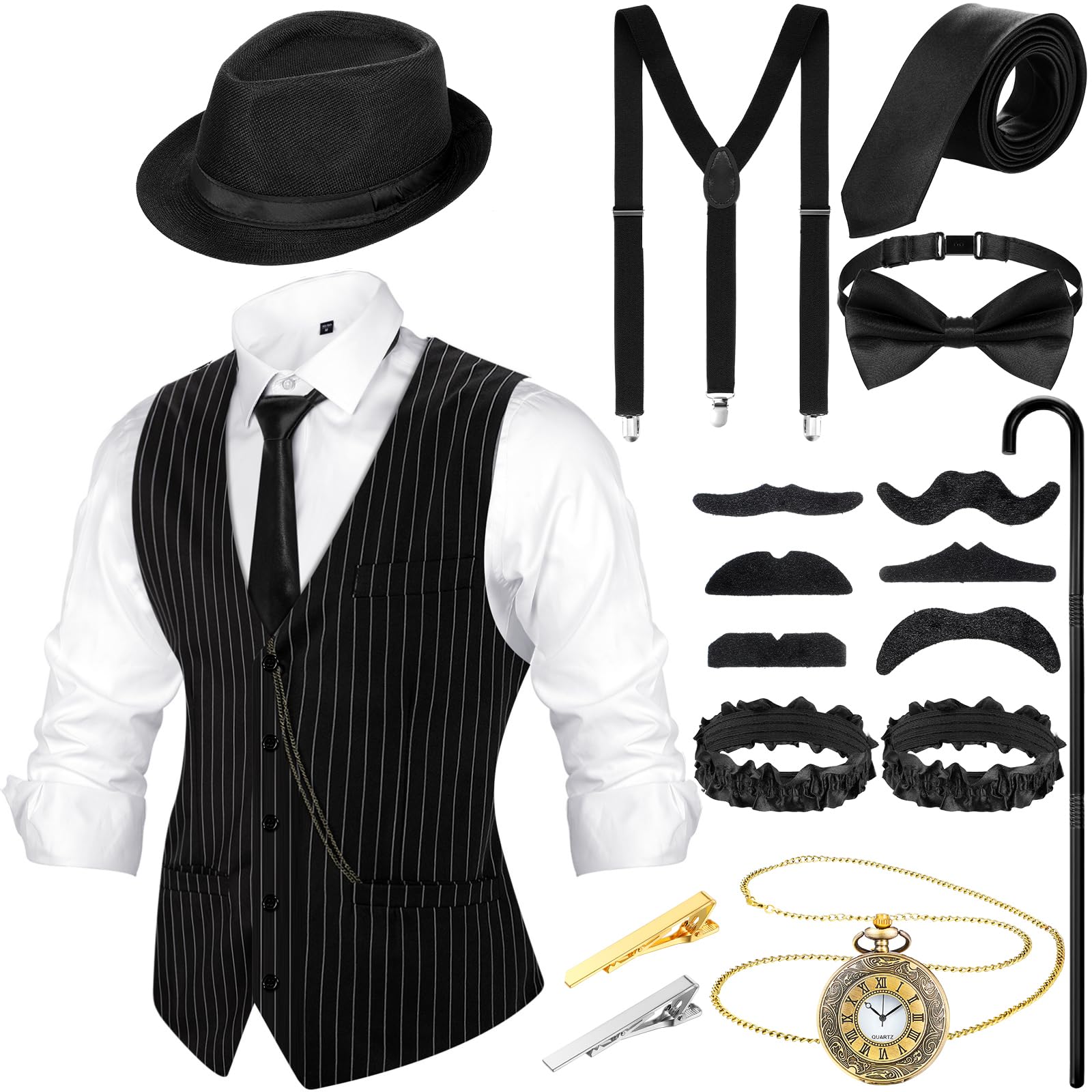 Blulu 1920s Men's Costume Accessories Set, Vest Hat Suspenders 20s Outfit Clothing(Black White,Large)