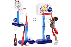 KIDSFAVES 4 in 1 Kids Basketball Hoop and T Ball Set & Ring Toss Game Blue&Pink
