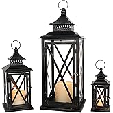 DECORKEY 3PCS (20’’&13’’&9’’) Lanterns Decorative Indoor & Outdoor, Vintage Metal Frame Candle Holders for Front Porch, Patio