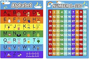 2 Pieces Educational Learning Posters Alphabet Letters Numbers 1-100 Charts for Toddlers and