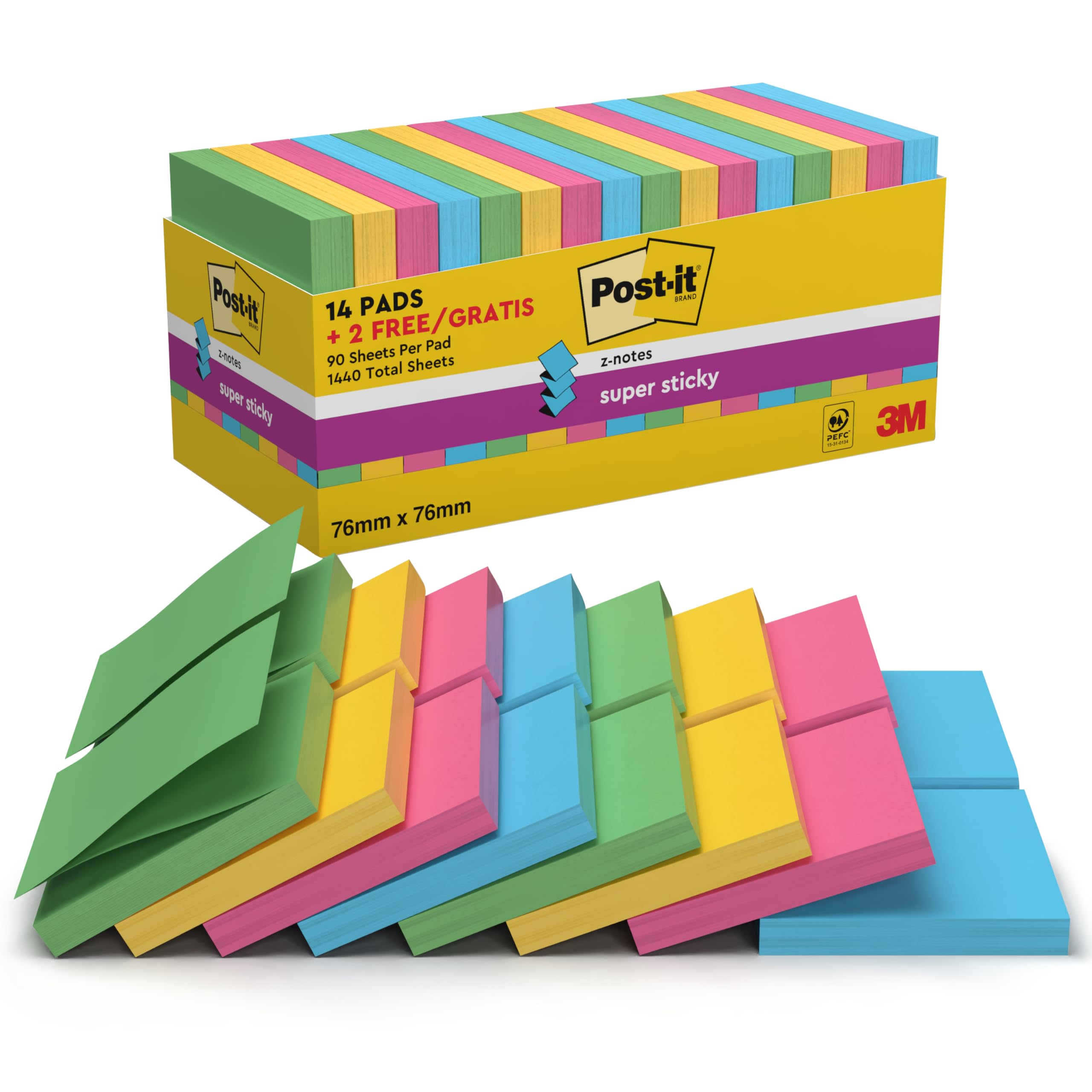 Post-it Super Sticky Z-Notes, 1440 Sheets, Value Pack of 14 + 2 Free Pads, 76 mm x 76 mm - Holds Strong to Many Surfaces - Bright Colours - Recycable